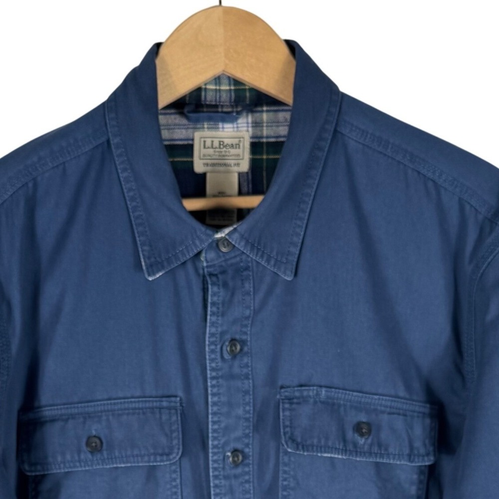 LL Bean Mens Blue Flannel Lined Cotton Twill Shirt Traditional Fit Large 298205